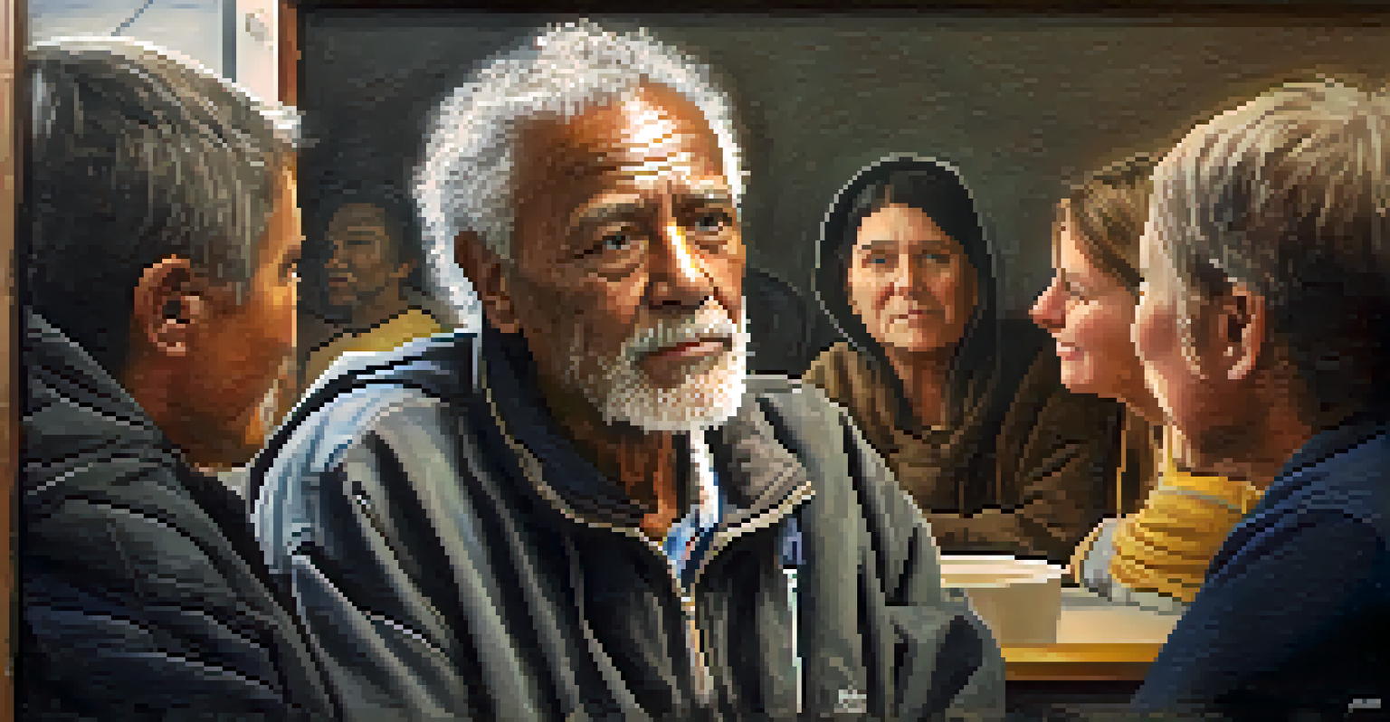 An elderly man sharing his inspiring story at a local shelter, surrounded by attentive young adults.