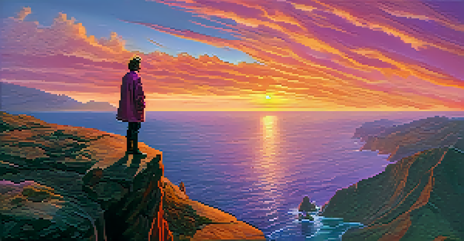 A character standing on a cliff, looking at a colorful sunset over the ocean, with vibrant skies and gentle winds.