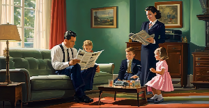 A 1950s family in their living room, with a father reading a newspaper, a mother knitting, and two children playing on a rug.