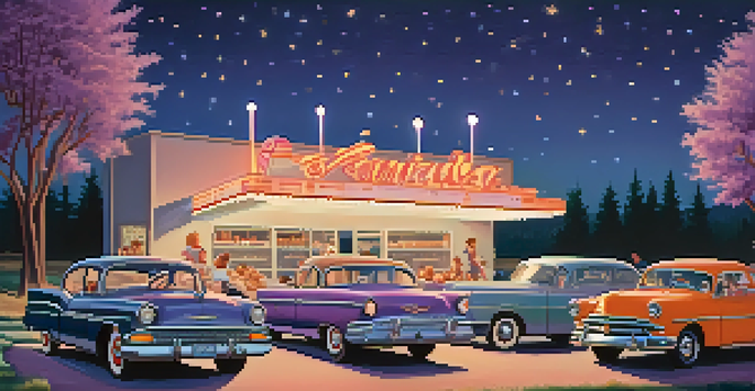A nostalgic drive-in theater scene with vintage cars, a large outdoor screen showing a classic film, and people enjoying the evening under a starry sky.