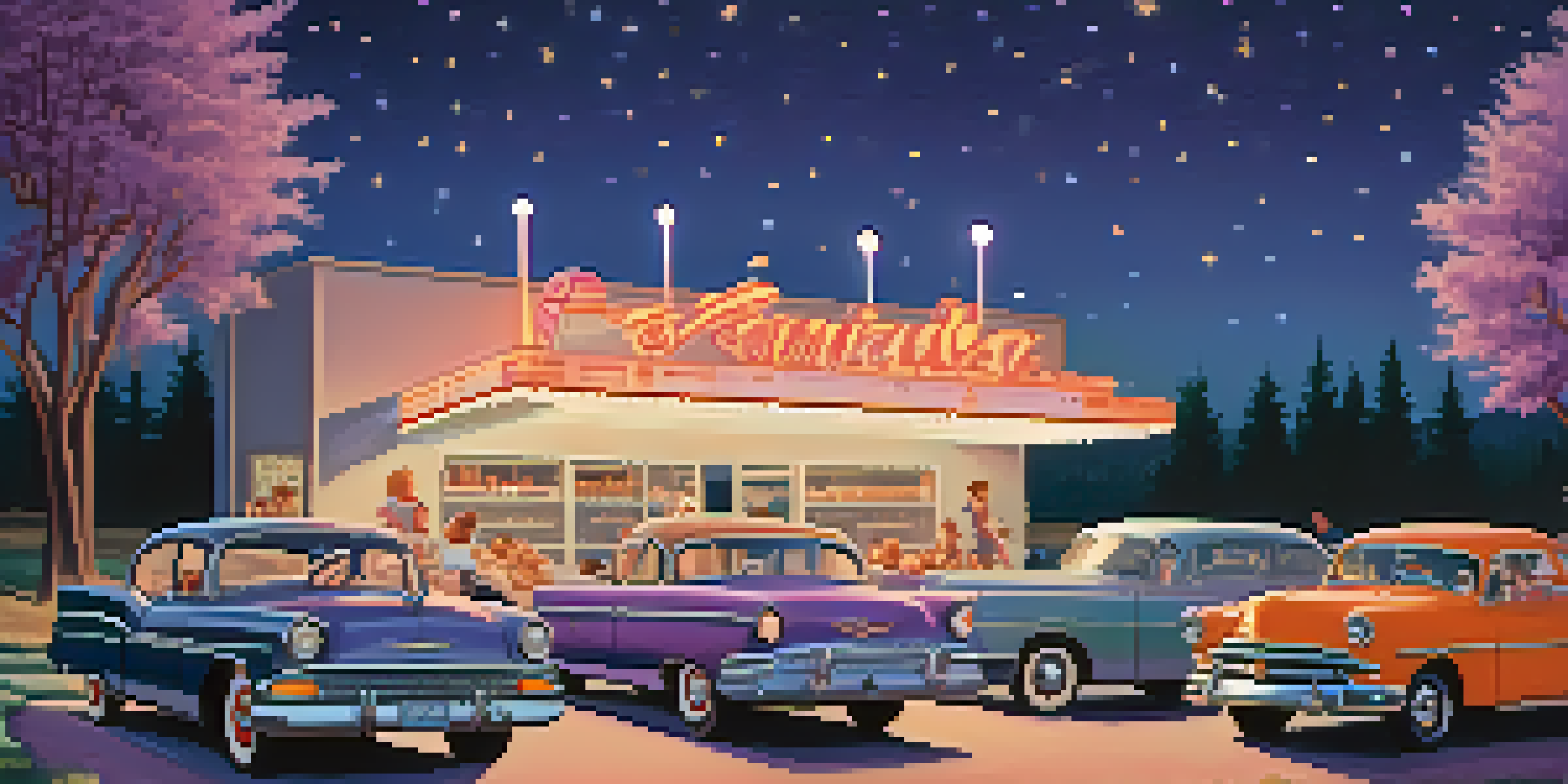 A nostalgic drive-in theater scene with vintage cars, a large outdoor screen showing a classic film, and people enjoying the evening under a starry sky.