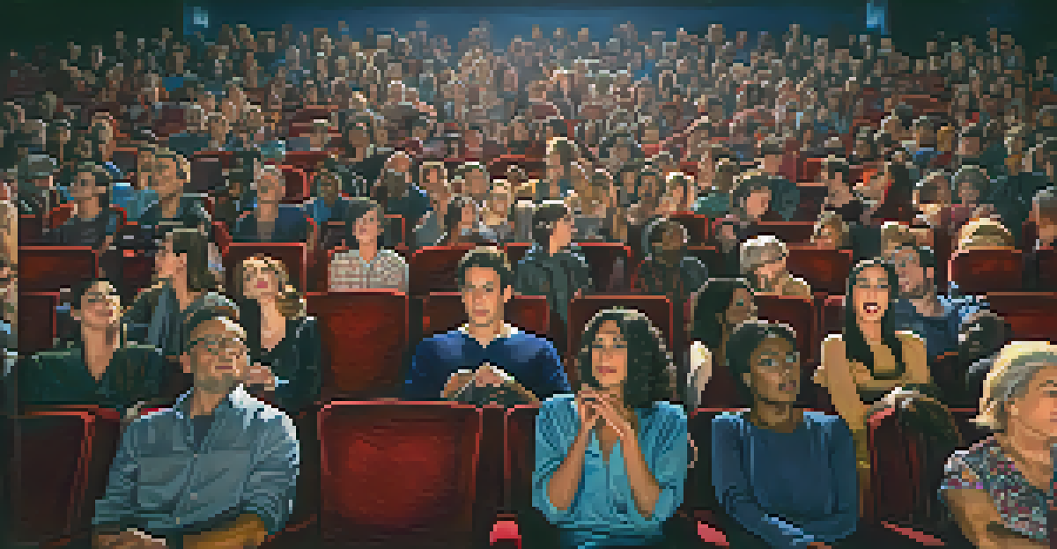 An audience in a dark cinema watches a film with a diverse cast, their faces illuminated by the screen's glow, reflecting various emotions.