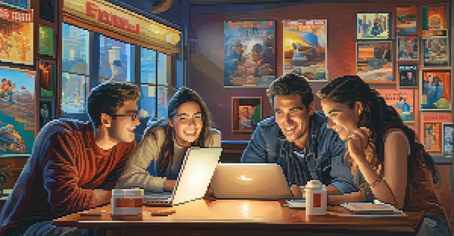 A group of friends enjoying an interactive movie quiz on laptops in a colorful and lively room.