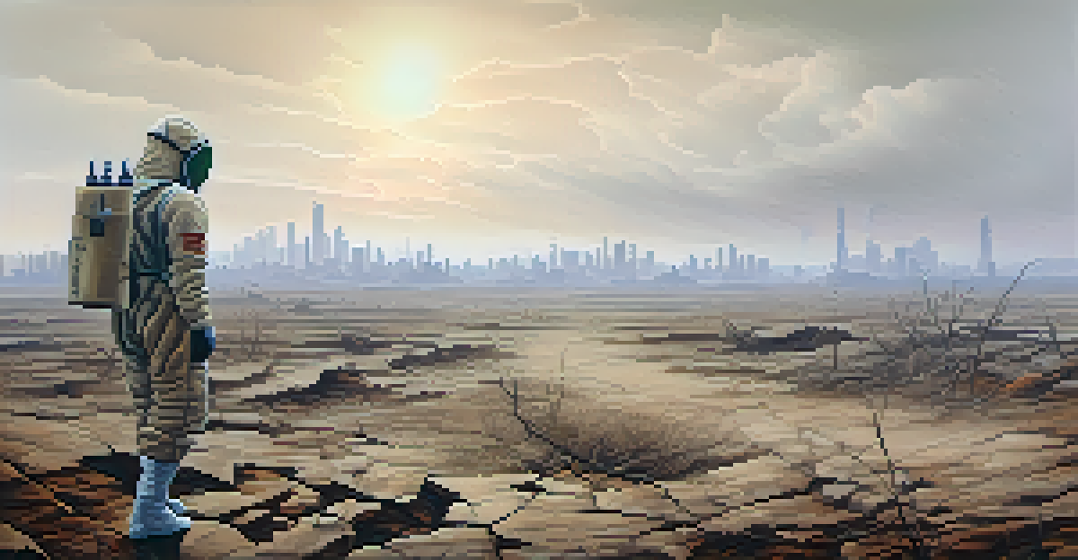 A desolate landscape after an environmental catastrophe, featuring a lone figure in a protective suit holding a small plant.