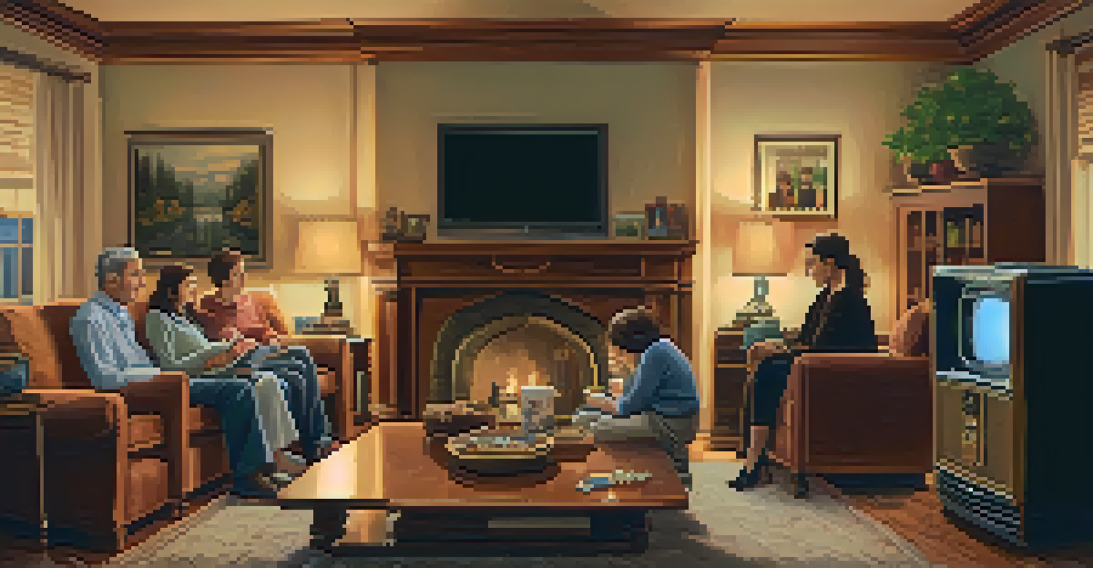 A family watching a classic Jewish film in a cozy living room filled with personal artifacts and warm lighting.