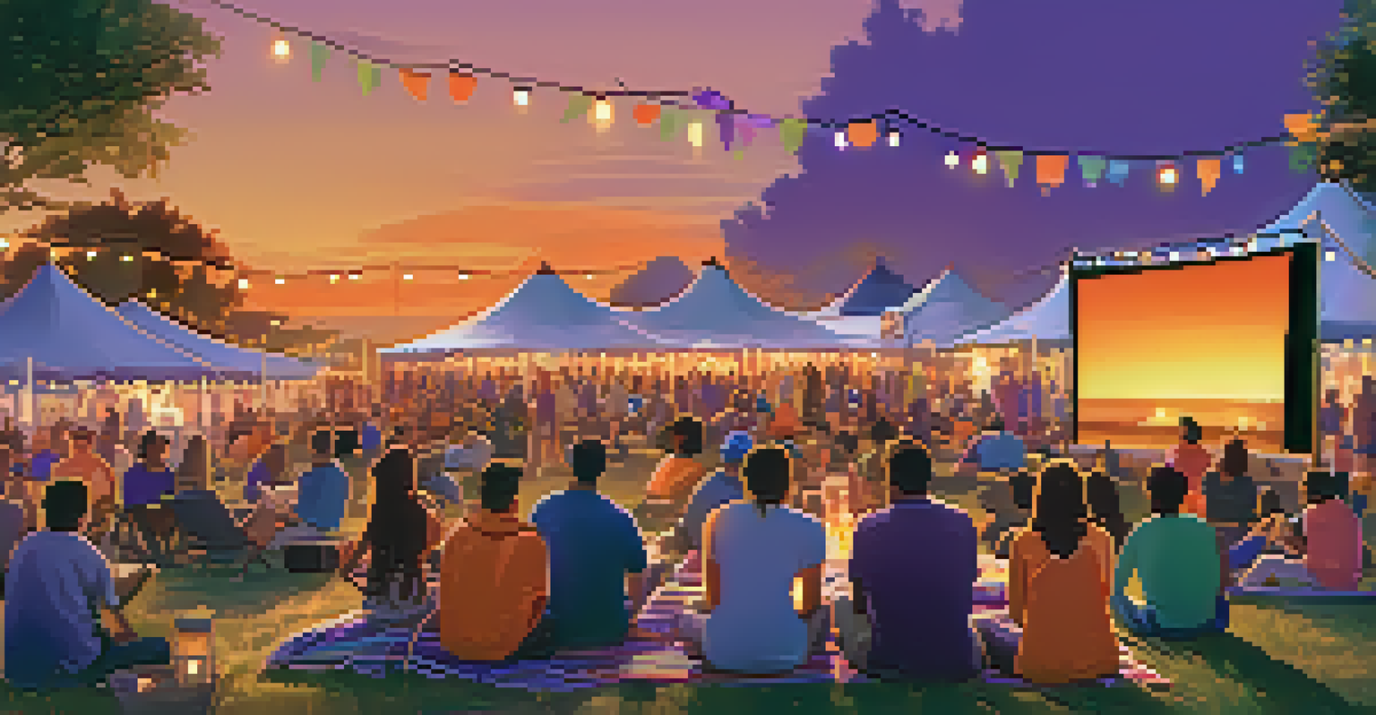 An outdoor film festival with colorful tents and a large screen at sunset.
