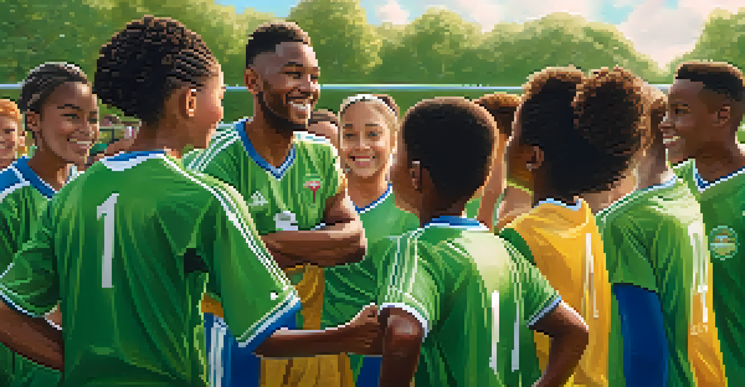 A diverse group of young athletes in jerseys huddled together on a soccer field, sharing a motivational moment.