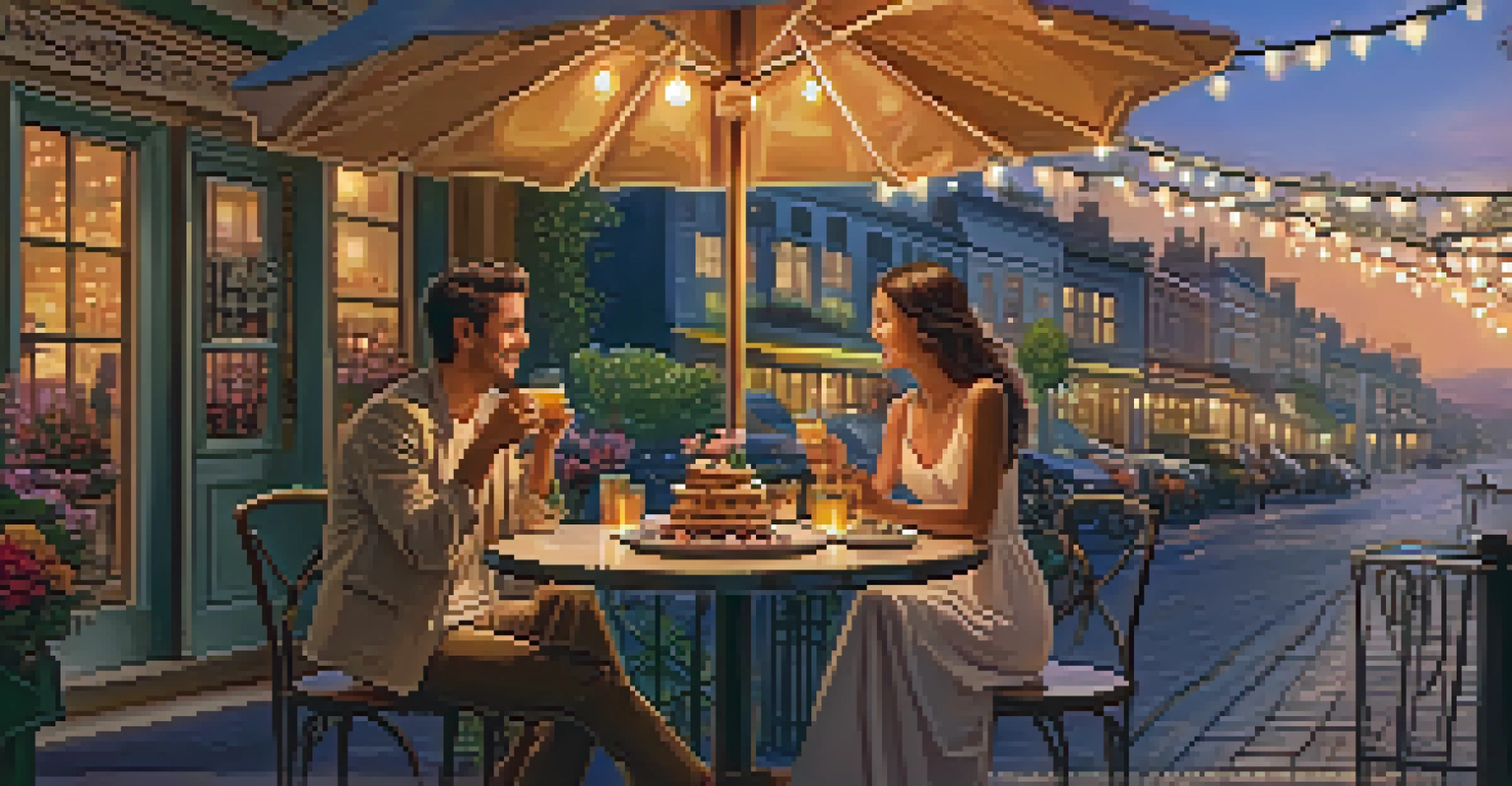 A couple laughing at an outdoor café during sunset, surrounded by flowers and fairy lights.