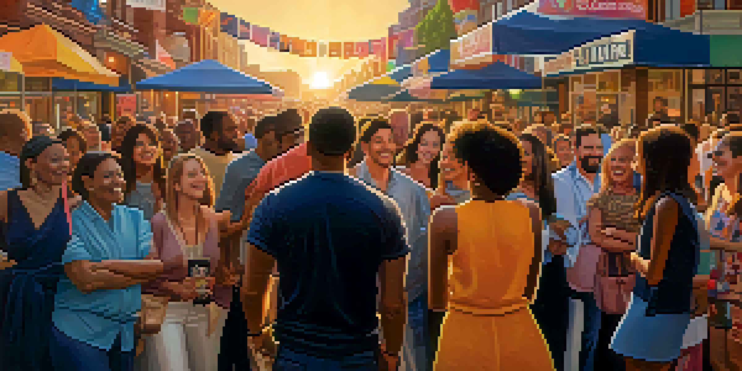 A lively street scene with diverse people gathered around an event promoting celebrity endorsements, colorful banners, and warm sunset lighting.
