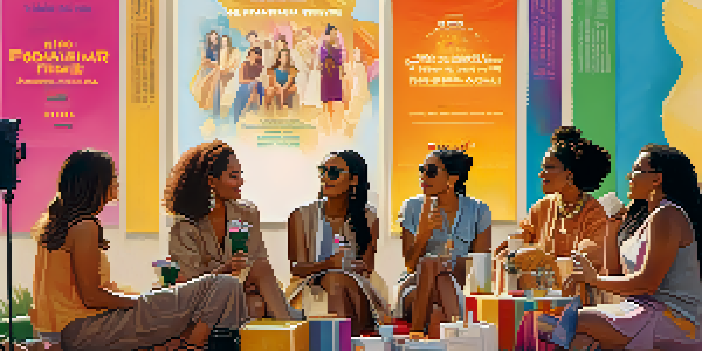A lively outdoor film festival with diverse women filmmakers conversing, surrounded by colorful promotional materials.
