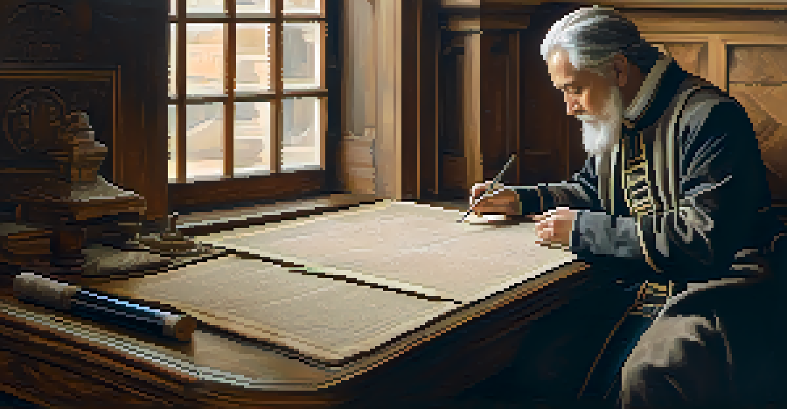 A historical figure in period attire, deep in thought at a desk cluttered with scrolls and a map, illuminated by soft natural light.