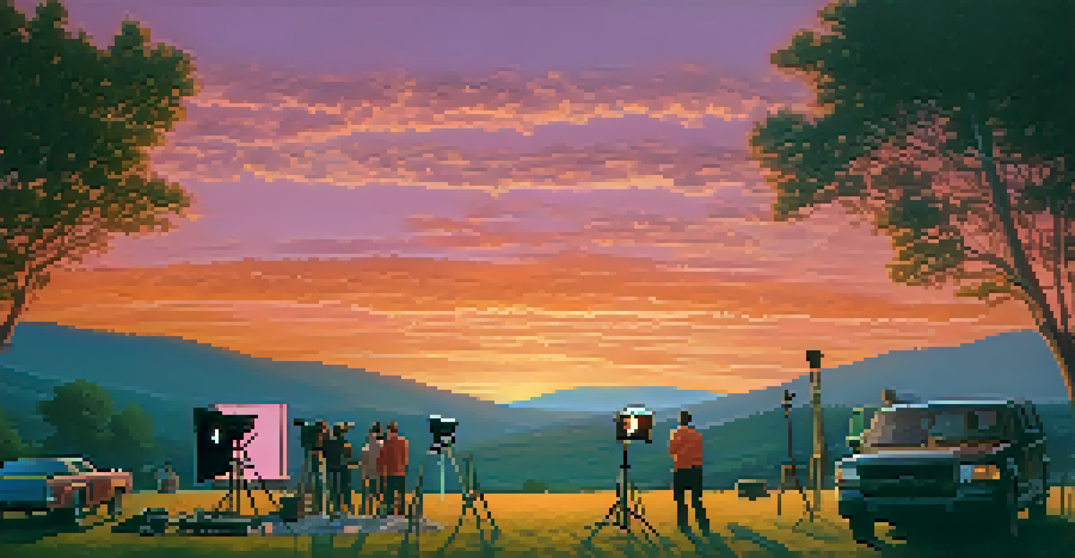 A dramatic outdoor film set at sunset with crew members setting up cameras and lights against a picturesque landscape.