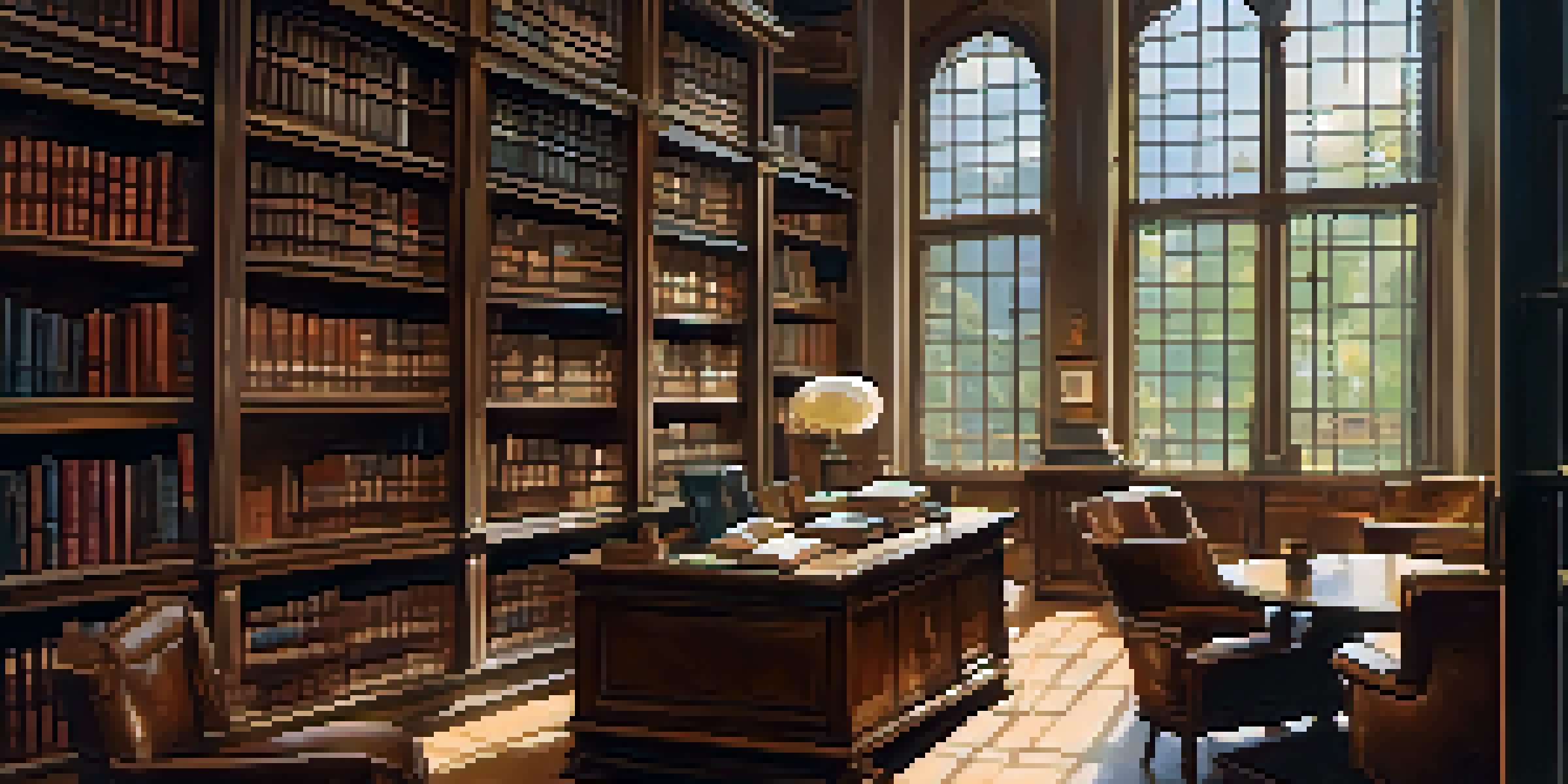 A cozy library with a large wooden table, plush chairs, and shelves filled with books, illuminated by natural light.