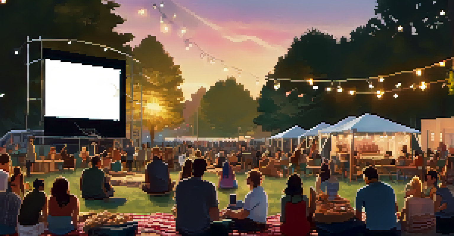An outdoor film festival at sunset, with an audience watching a movie on a big screen surrounded by fairy lights and food stalls.