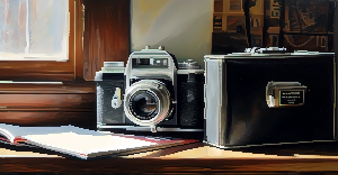 A vintage film camera on a wooden table with rolls of color film and a photo album filled with black and white photographs, illuminated by soft natural light.