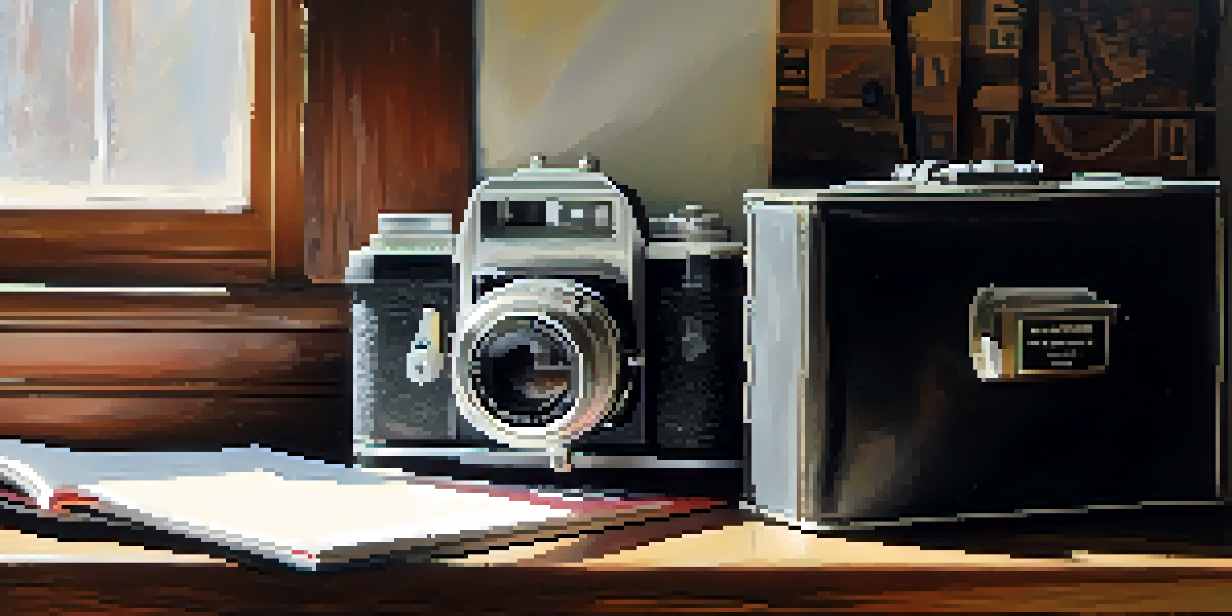 A vintage film camera on a wooden table with rolls of color film and a photo album filled with black and white photographs, illuminated by soft natural light.