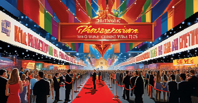 A lively movie premiere event with fans, photographers, and promotional posters.