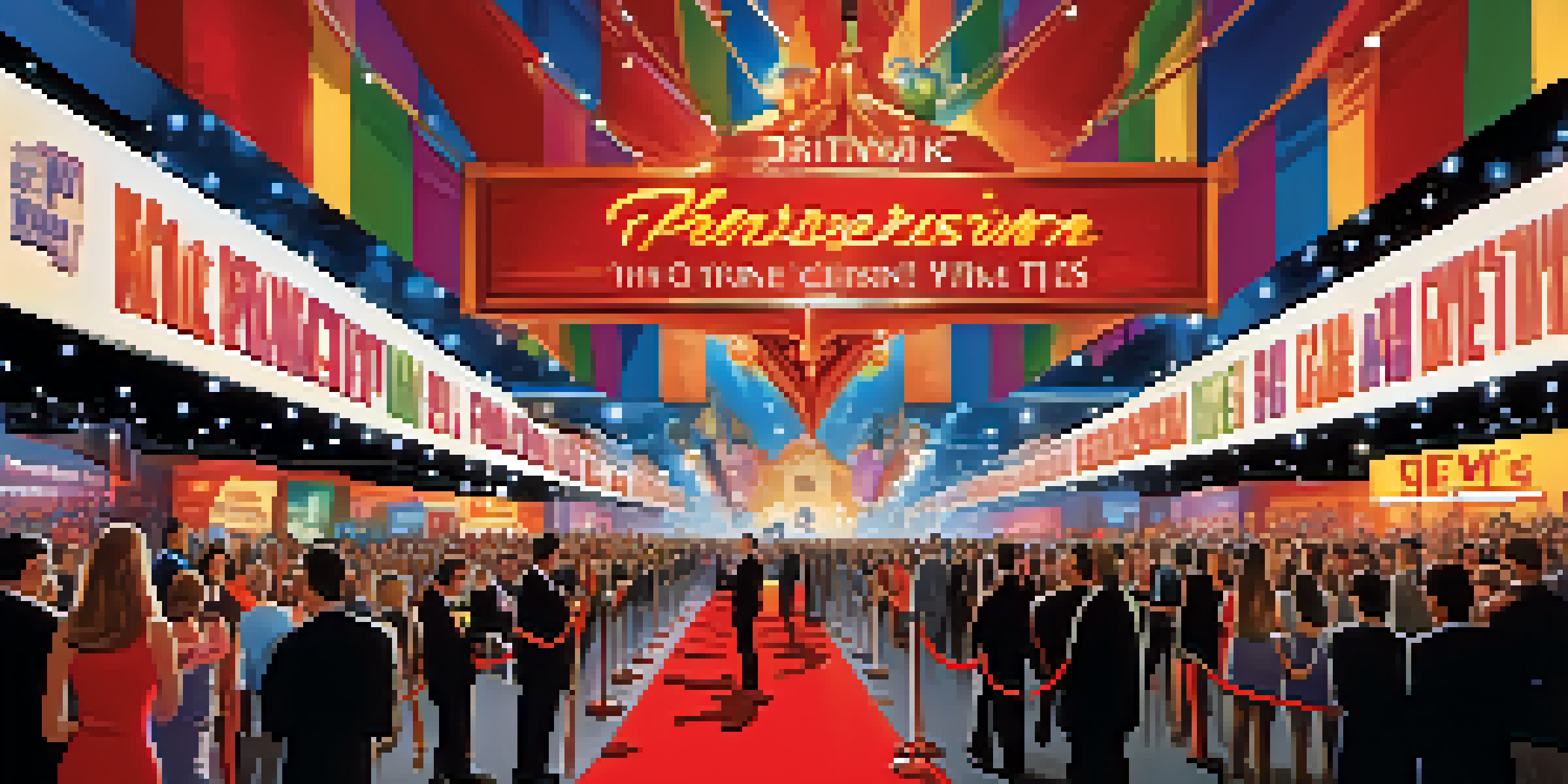 A lively movie premiere event with fans, photographers, and promotional posters.