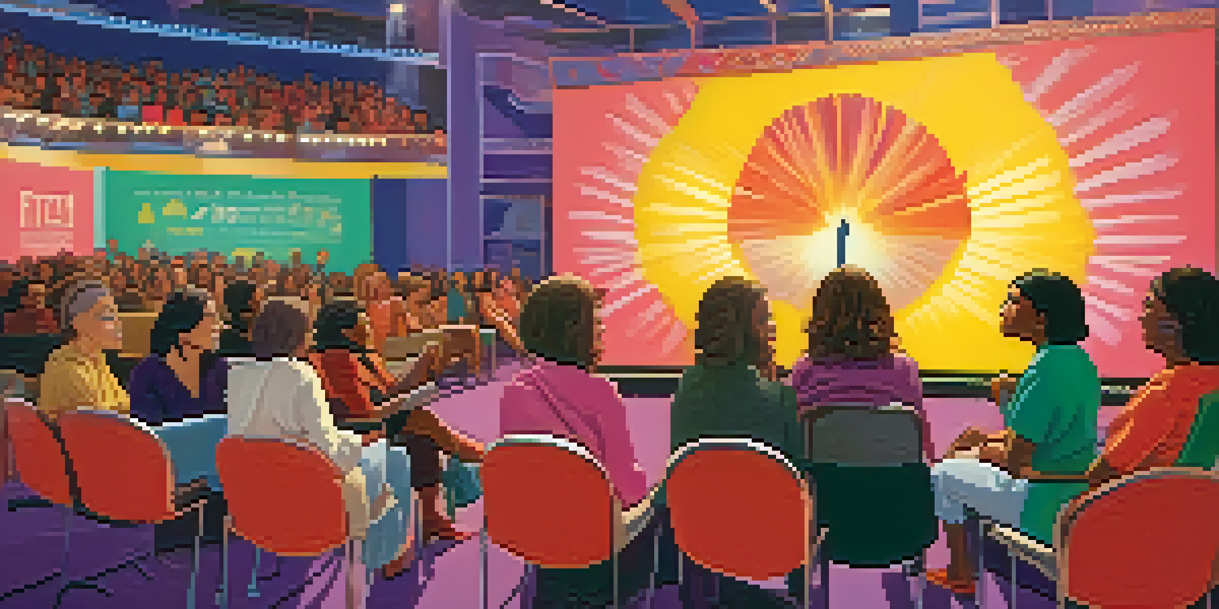A diverse group of women filmmakers engaged in discussion at a film festival, with colorful banners in the background.