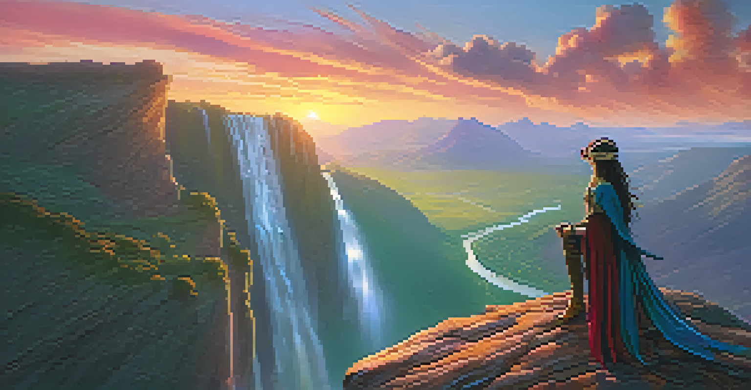 A character in fantasy attire overlooking a stunning virtual landscape at sunset.