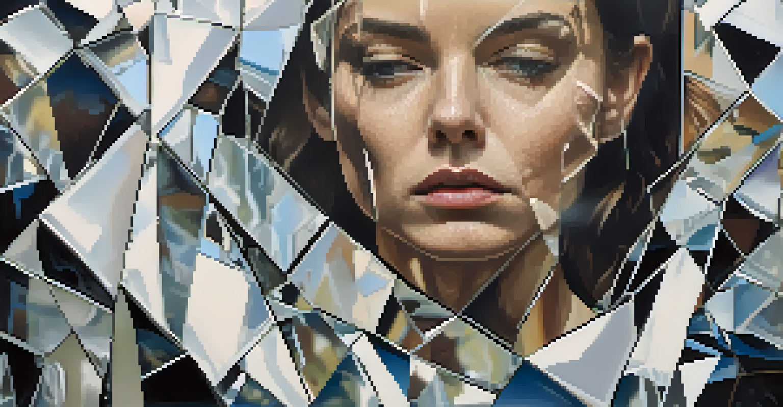Close-up of a broken mirror reflecting a fragmented face, with dramatic lighting and a blurred background.