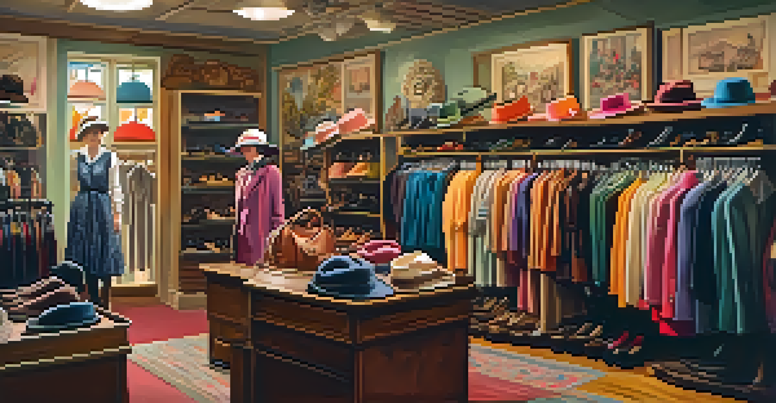 A vintage thrift store filled with racks of colorful retro clothing and unique accessories, warmly lit with shoppers browsing.