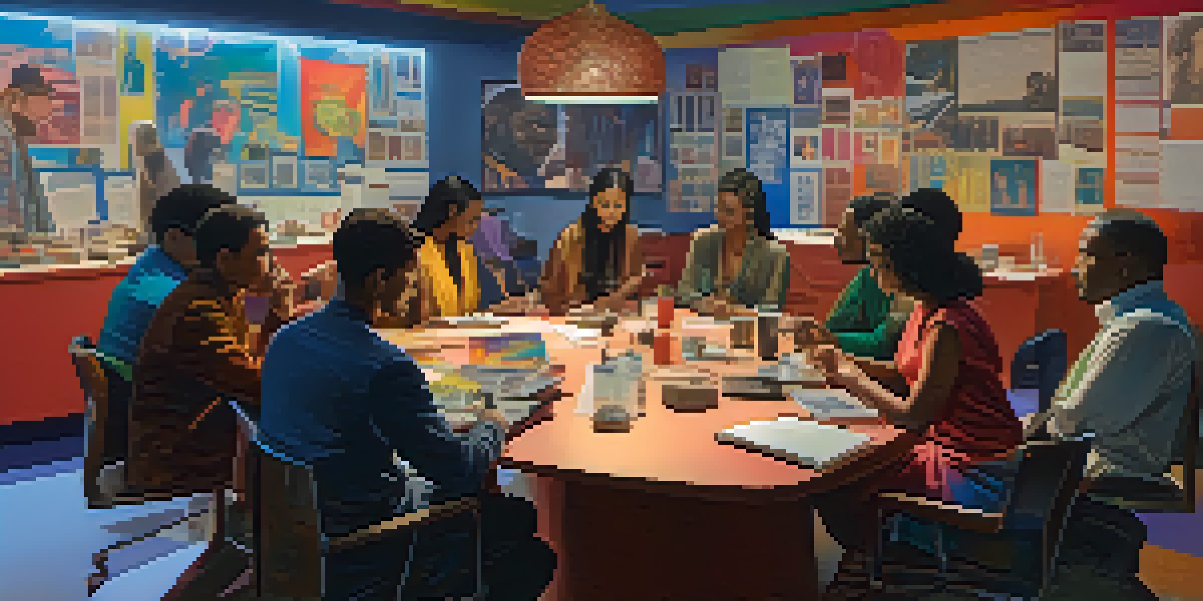 A diverse group of international filmmakers collaborating around a table filled with scripts and laptops in a brightly lit film set.