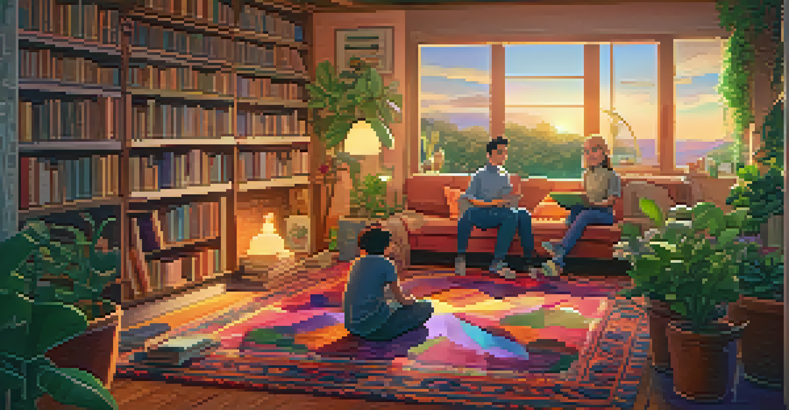 A cozy room with animated characters of diverse identities having a warm conversation, surrounded by books and plants under soft sunlight.