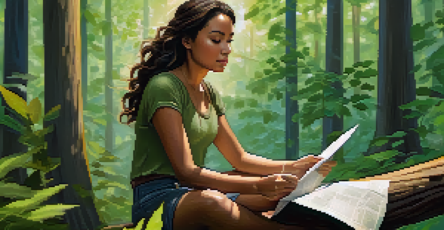 A female action hero sitting in a forest, studying a map with a serene expression, surrounded by trees and sunlight.