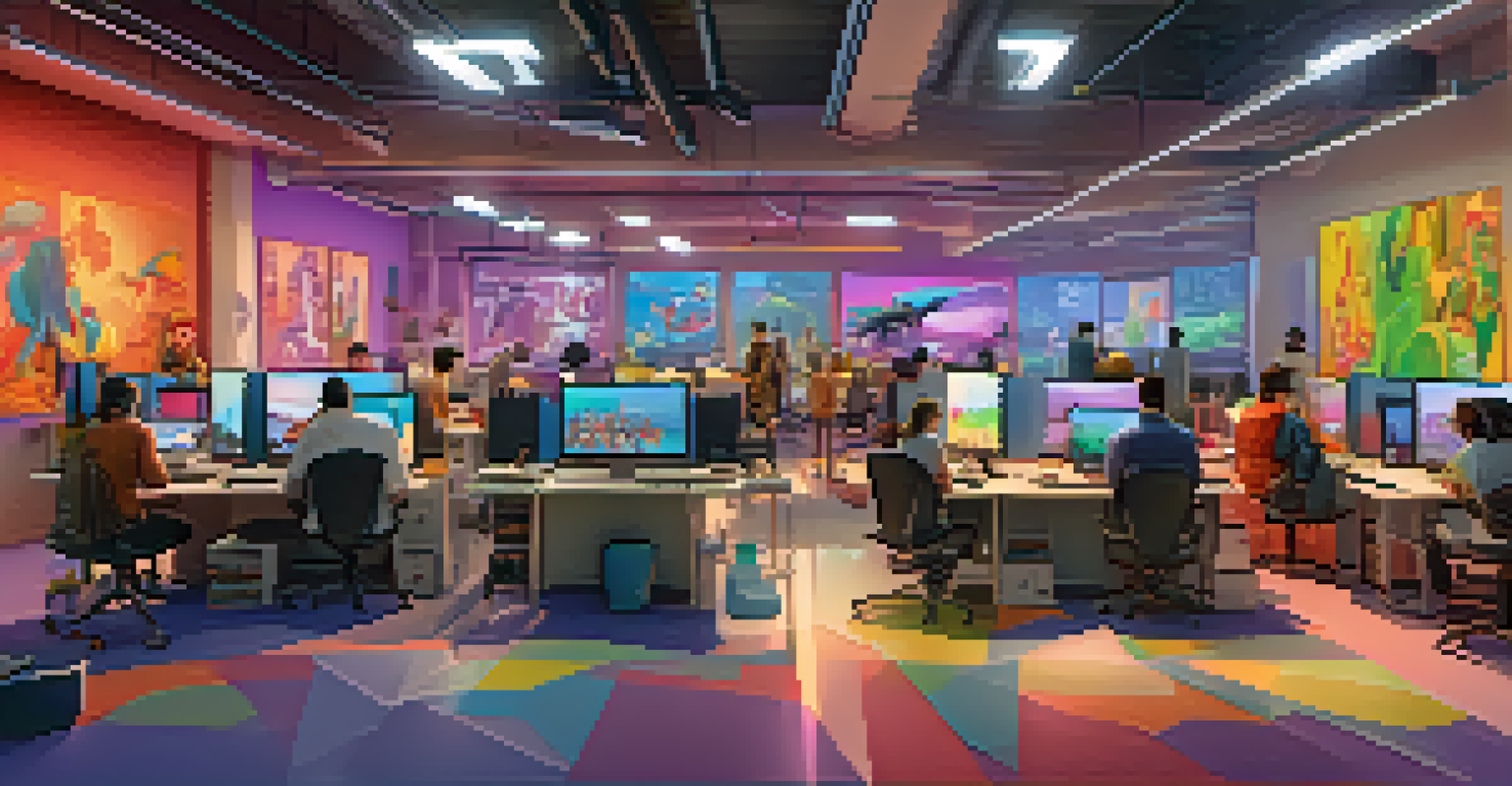 A modern animation studio with animators working on computers, surrounded by colorful screens and creative materials.