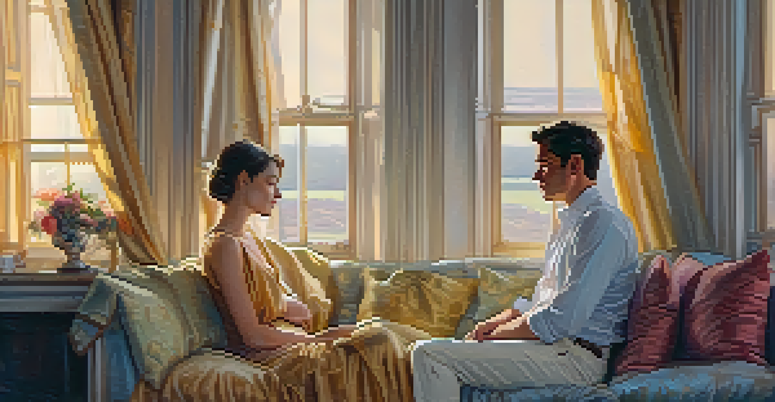 A cozy romantic setting with warm lighting and pastel colors, showcasing a couple in an intimate moment.