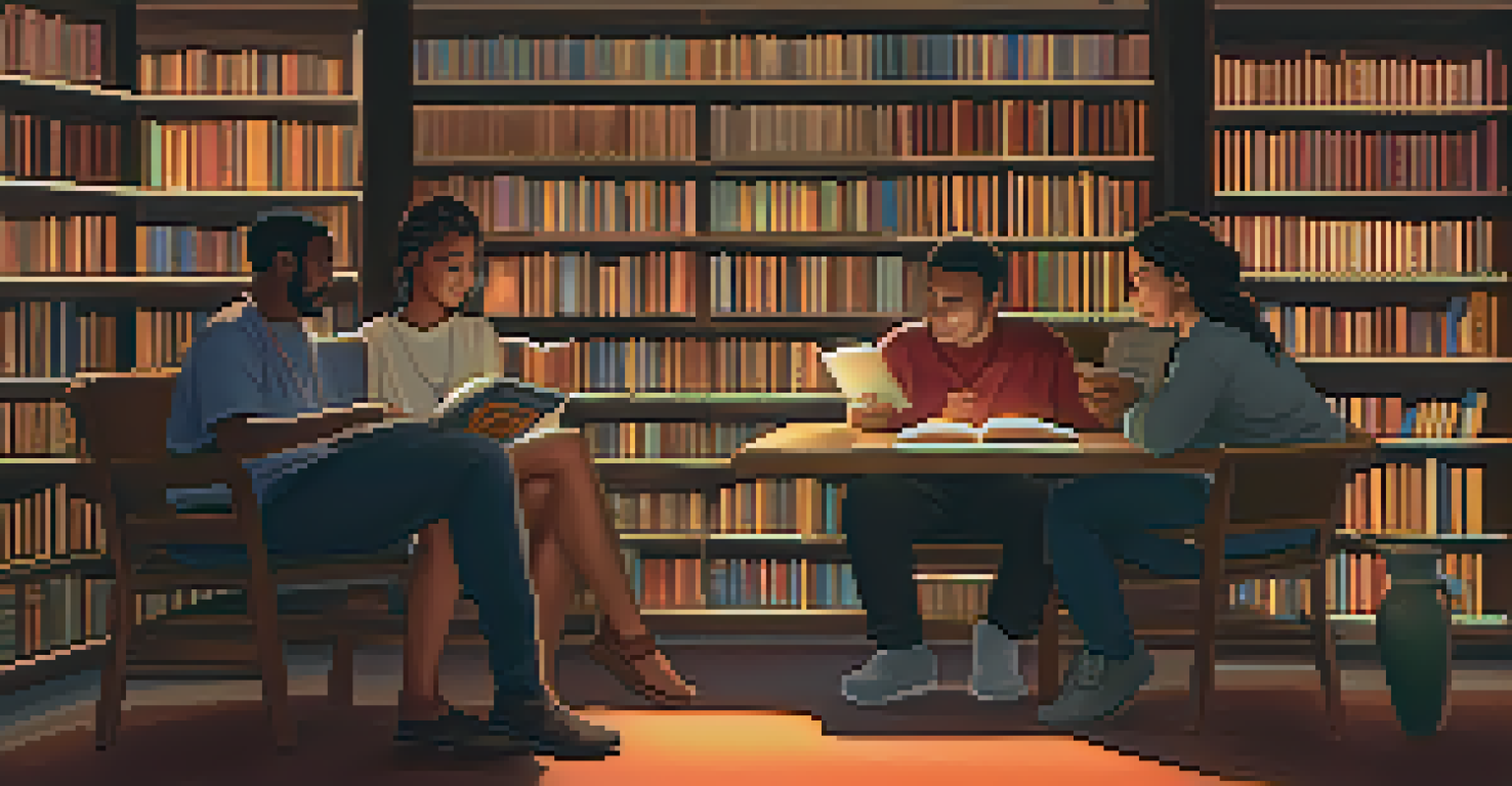 A diverse group of individuals sitting in a library, sharing stories from their cultures in a warm and inviting atmosphere.