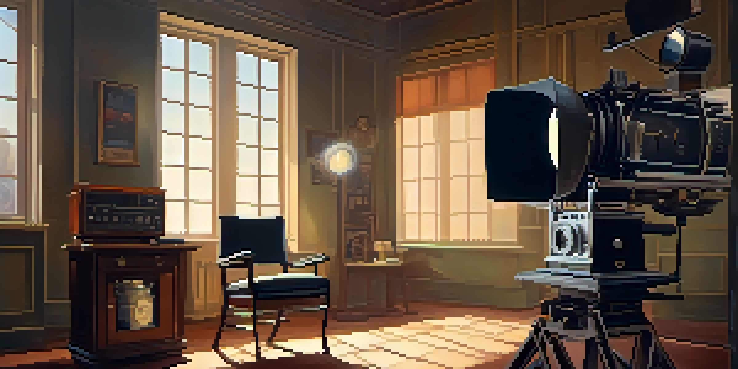 A film set featuring an empty director's chair and vintage film equipment, illuminated by soft, filtered light with a ticking clock on the wall.