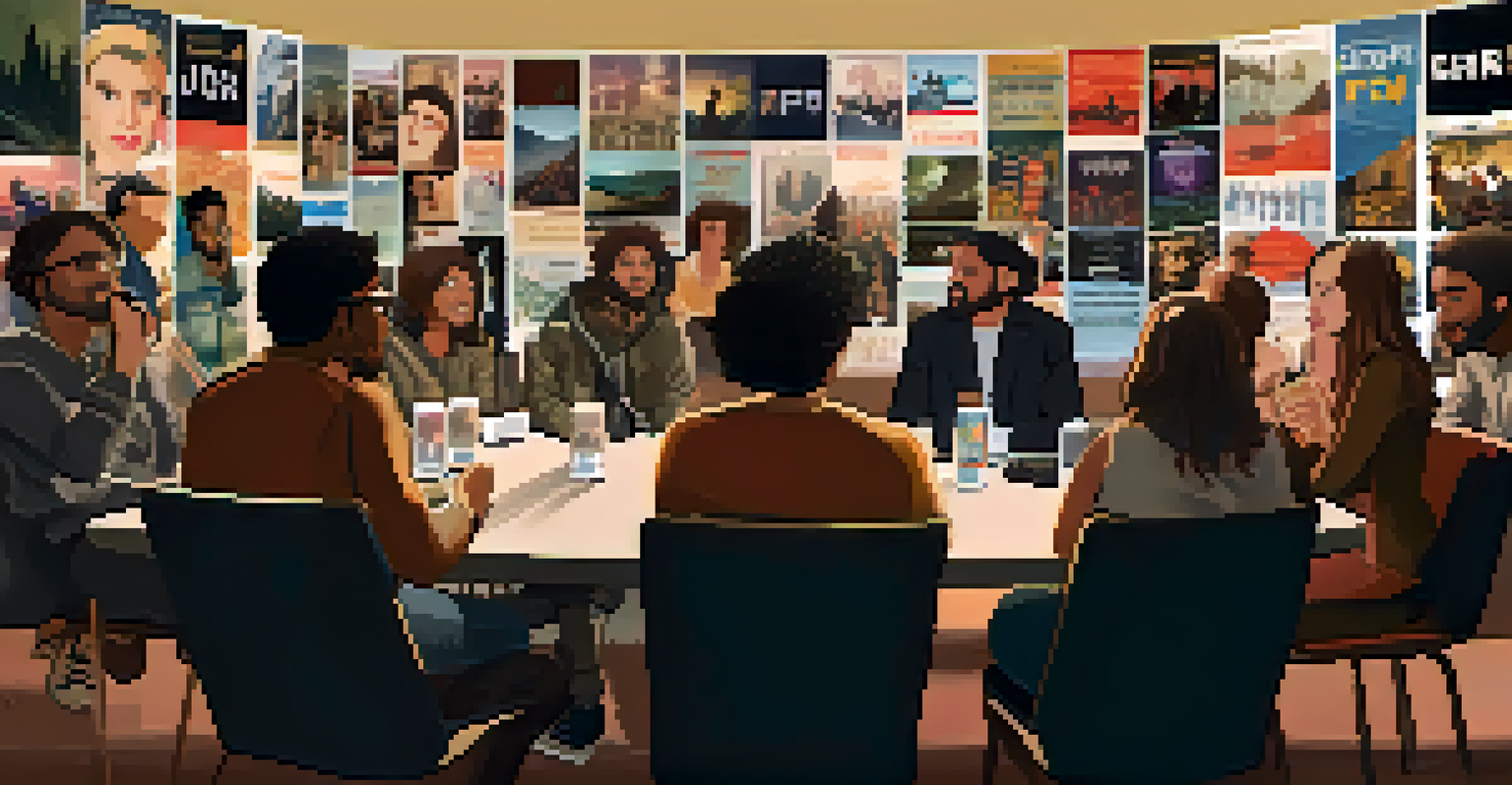 A panel discussion at a film festival with diverse filmmakers engaging with an audience in a warmly lit room decorated with film posters.