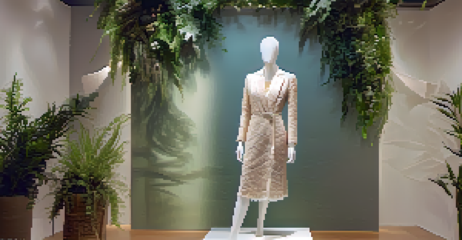 A close-up of a sustainable fashion outfit on a mannequin in a boutique, surrounded by plants and natural decor.