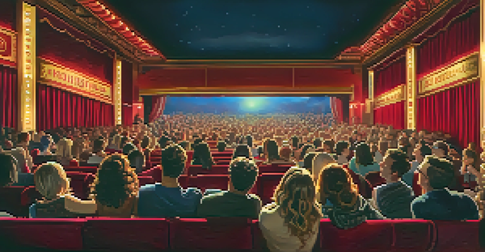 A colorful movie theater filled with an engaged audience watching a film, illuminated by the bright screen.