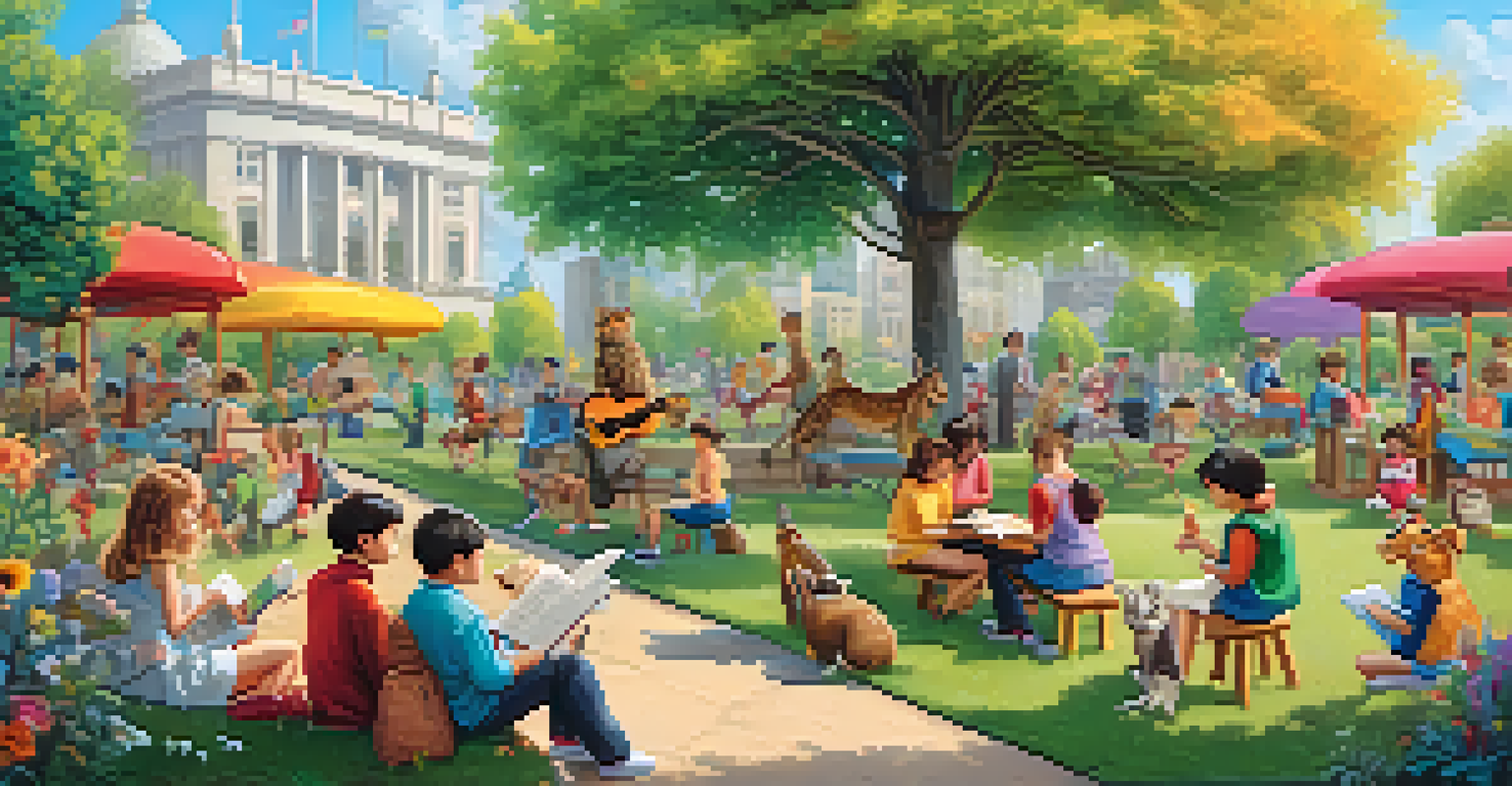 Diverse animal characters in a park, engaged in activities like painting and playing instruments, symbolizing friendship and acceptance.