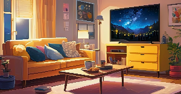 A warm living room with a large TV showing an indie film, cozy sofa with cushions, popcorn on the coffee table, and a starry night visible through the window.