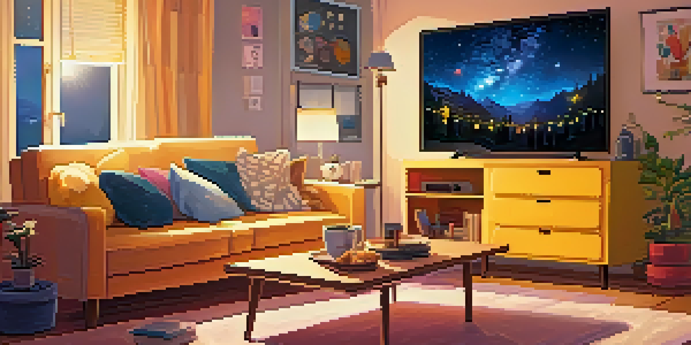 A warm living room with a large TV showing an indie film, cozy sofa with cushions, popcorn on the coffee table, and a starry night visible through the window.