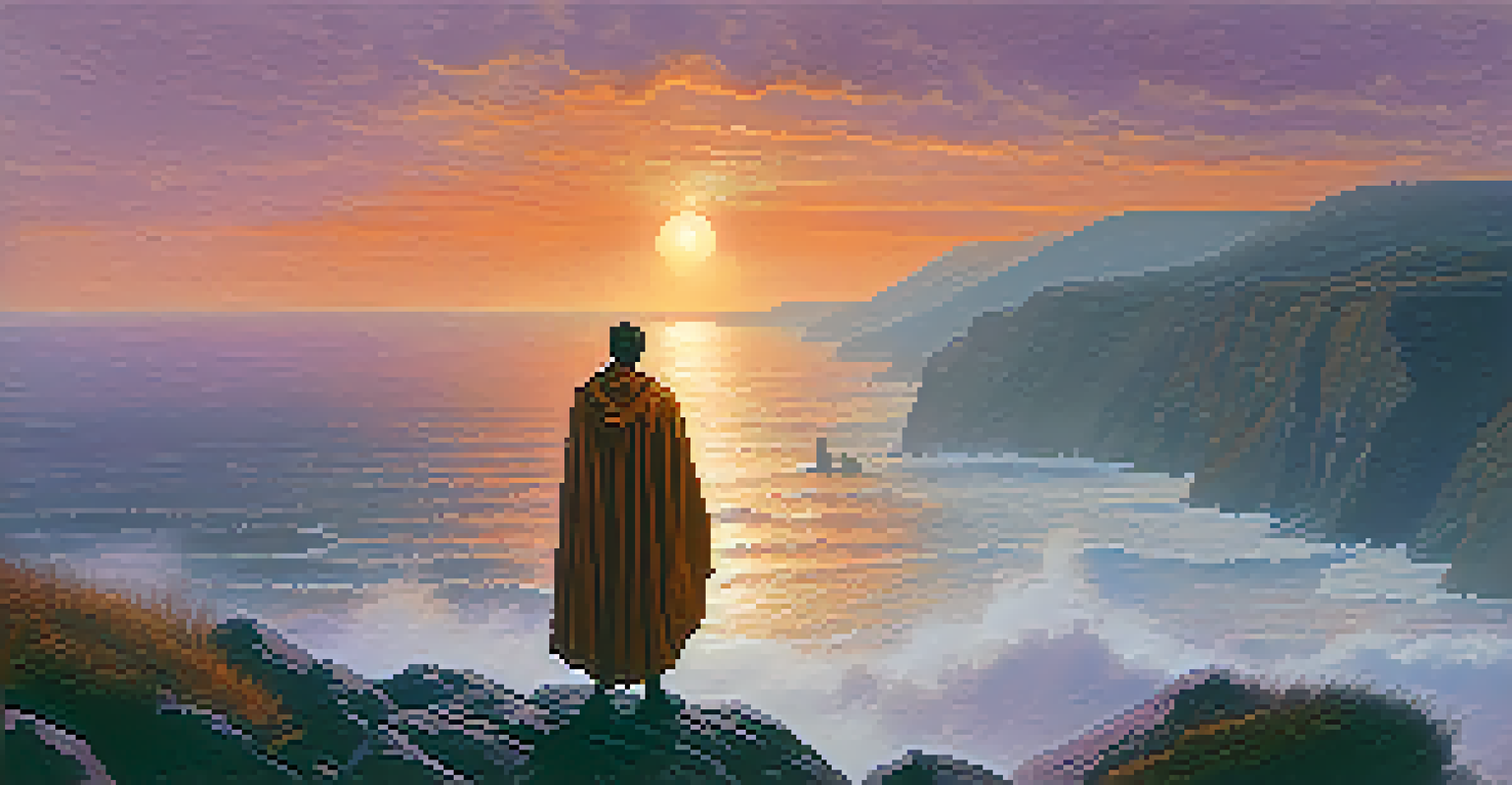 A character standing on a misty cliff at sunset, looking out over the ocean, with dramatic colors in the sky.
