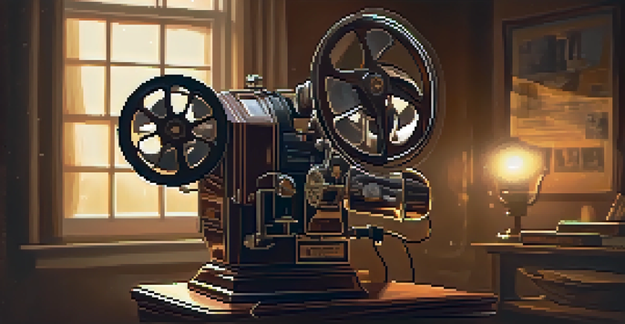 A vintage film projector casting light onto a blank screen in a dimly lit room, surrounded by old film reels.