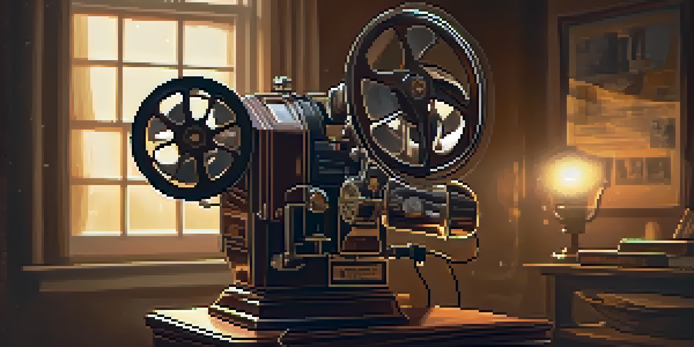 A vintage film projector casting light onto a blank screen in a dimly lit room, surrounded by old film reels.