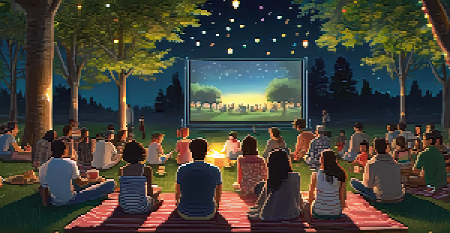 An outdoor cinema under a starlit sky, with a diverse audience watching a foreign film and enjoying snacks together.
