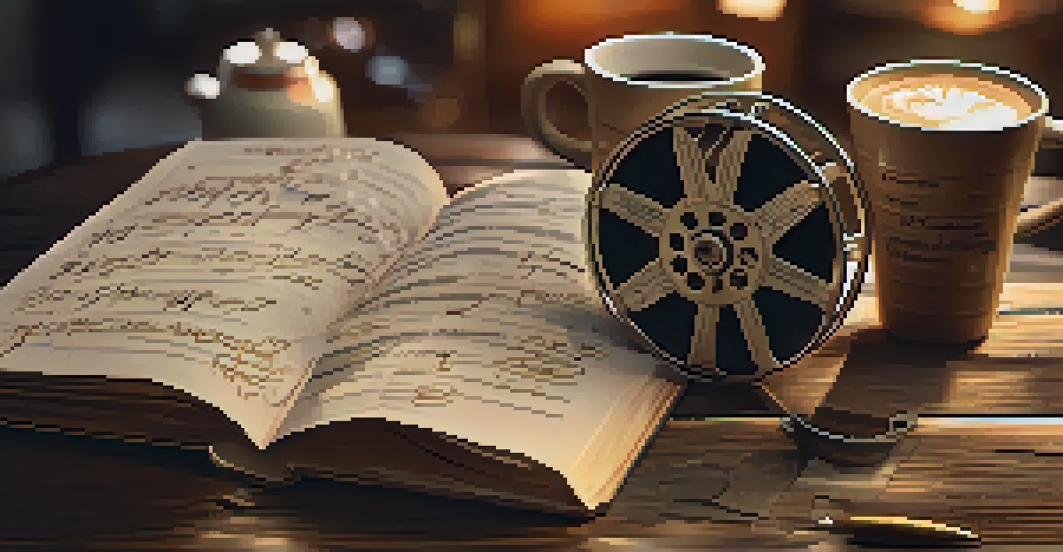 A close-up of a film reel and script on a rustic table, with warm lighting and a blurred film set in the background.