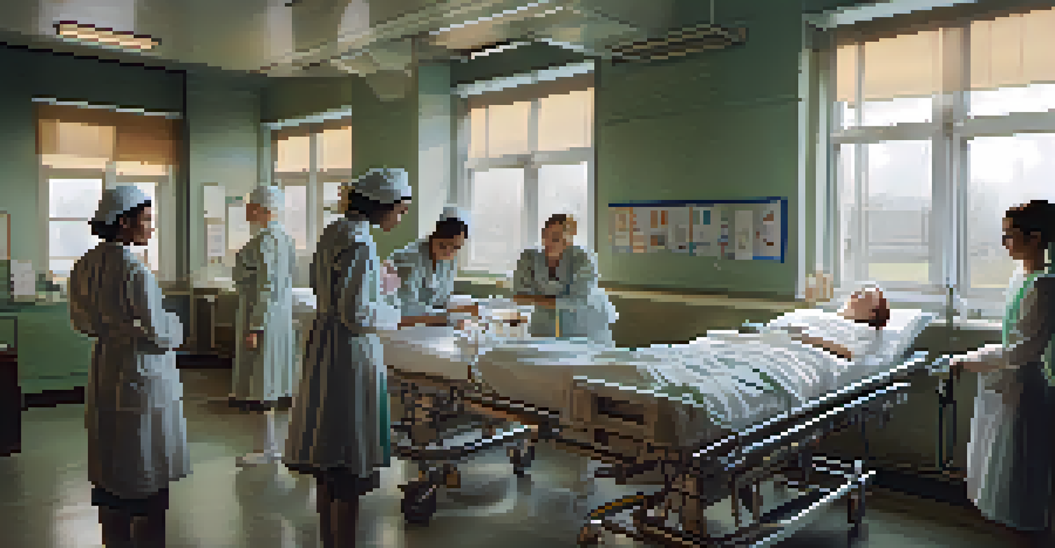 Women in a military hospital caring for injured soldiers, showcasing compassion and resilience in a warm atmosphere.