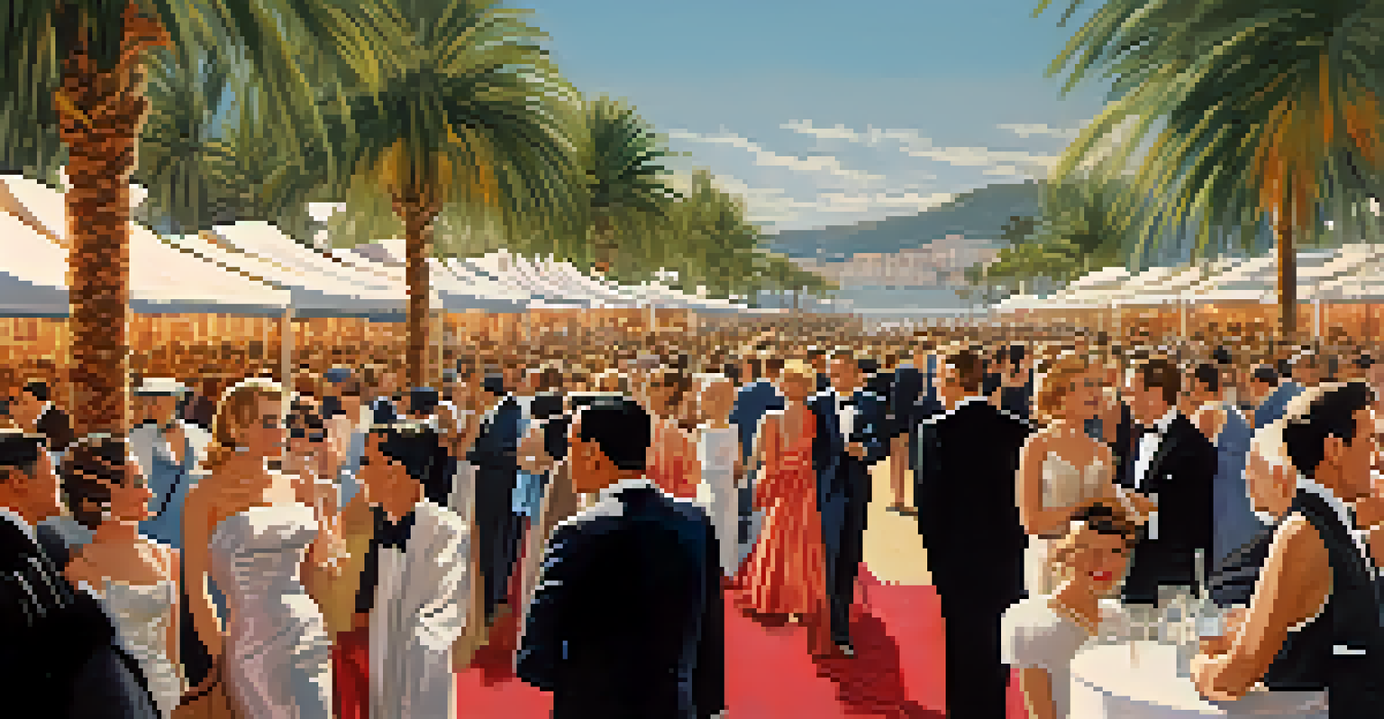 A glamorous scene of the Cannes Film Festival in the 1950s with celebrities posing on the red carpet, luxury yachts in the background, and attendees in elegant attire.