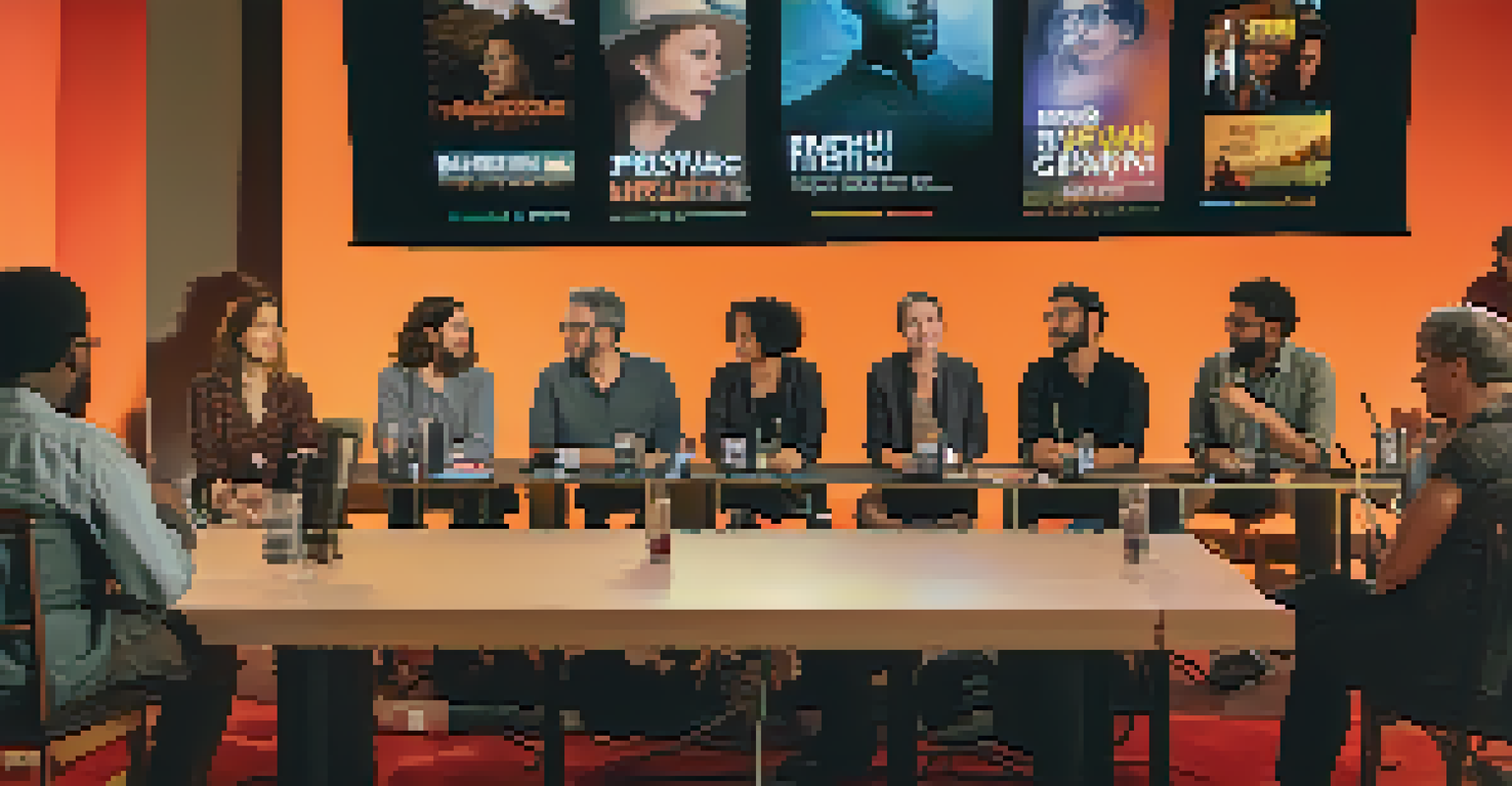 A panel discussion at a film festival with diverse filmmakers, warm lighting, and an engaged audience.