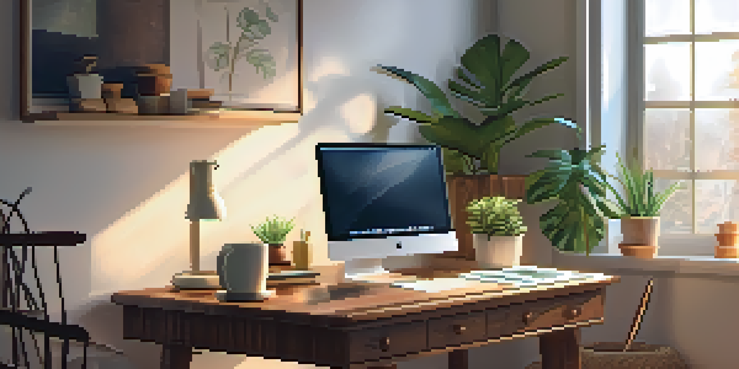 A warm and inviting home office with a wooden desk, laptop, potted plants, and sunlight streaming through the window.