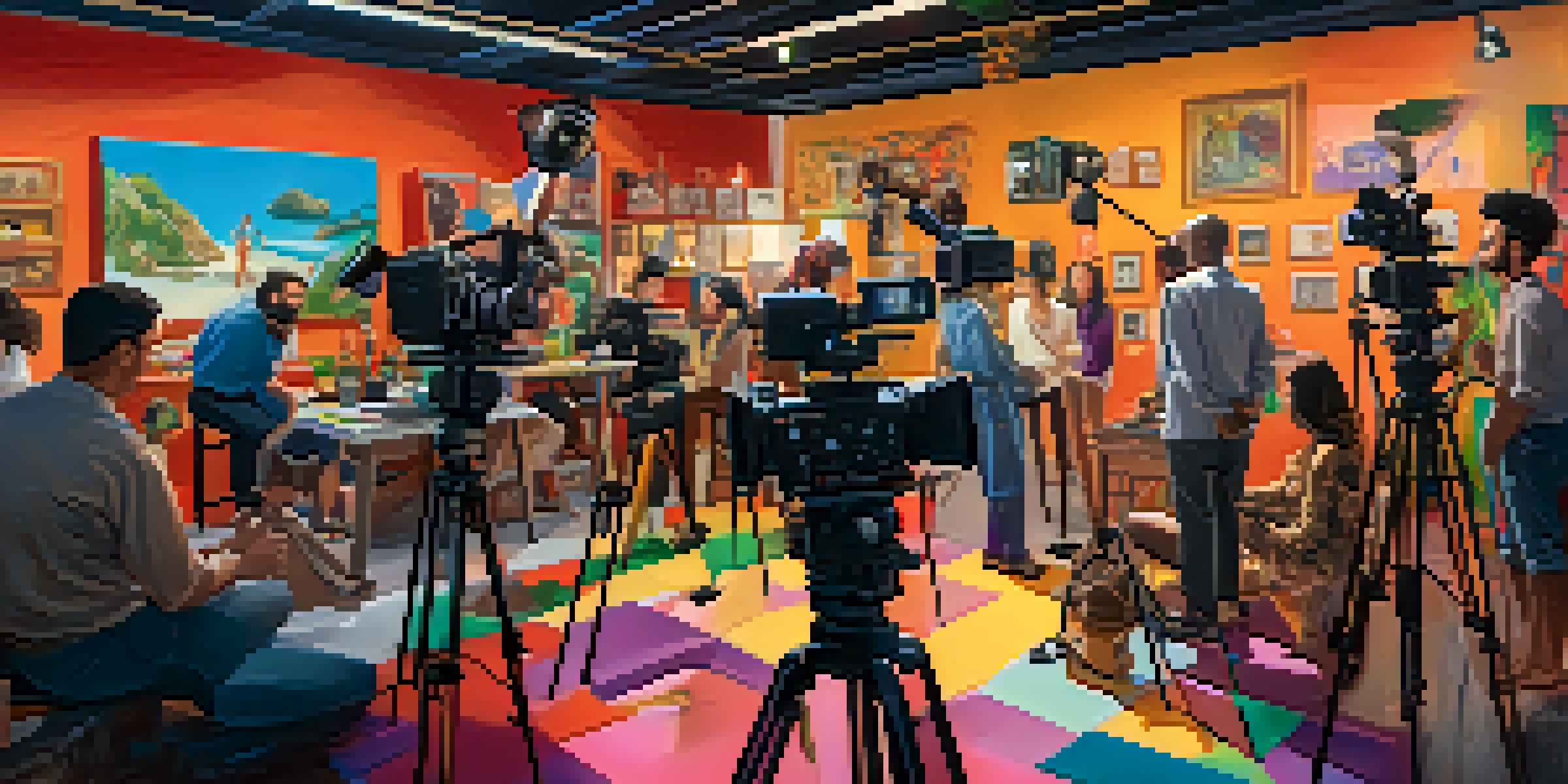 A diverse group of filmmakers working together on a vibrant film set with cameras and lights.