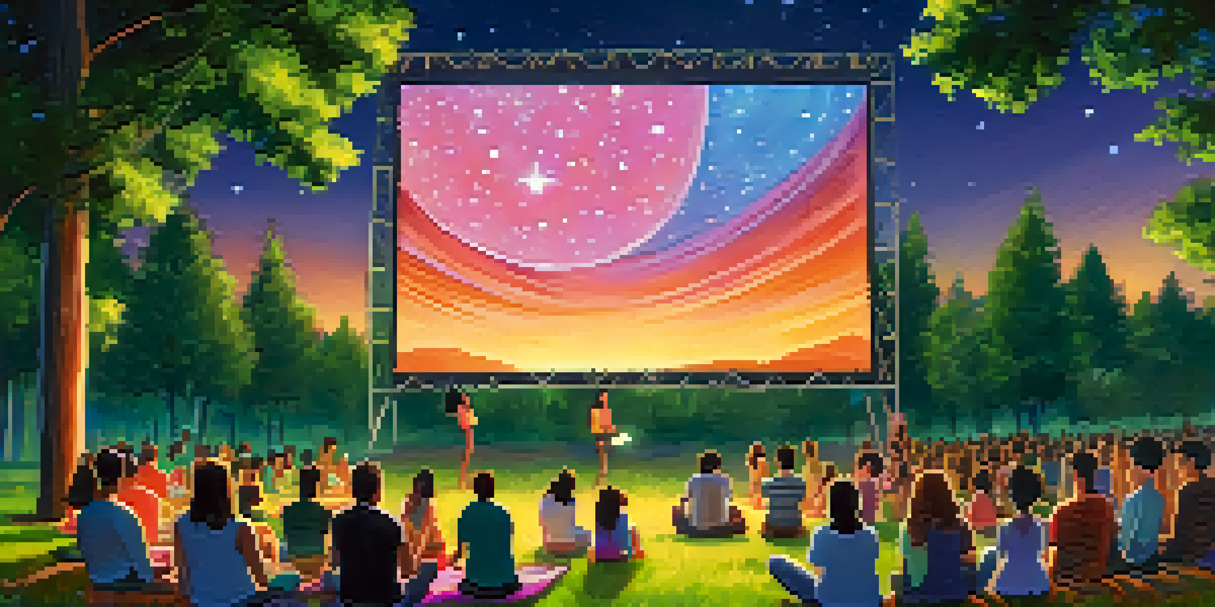 A diverse audience enjoying an outdoor movie screening in a park, with trees and fairy lights around them.